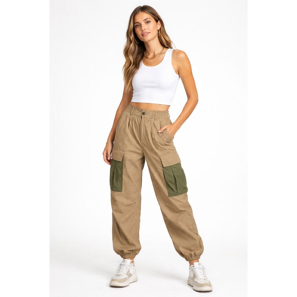 Anthropologie Utility Cargo Pants Women 29 Tan Green Excellent Parachute Hem